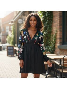 ASOS Black Multicolor Floral Embroidered Mini Dress 10